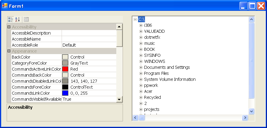 Directory tree and property grid