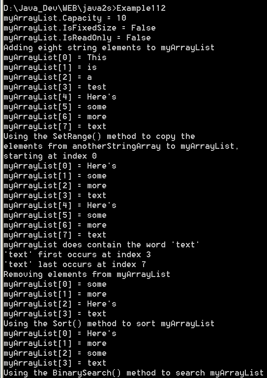 illustrates the use of ArrayList properties and methods