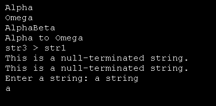 A string demonstration: assignment, concatenate, compare