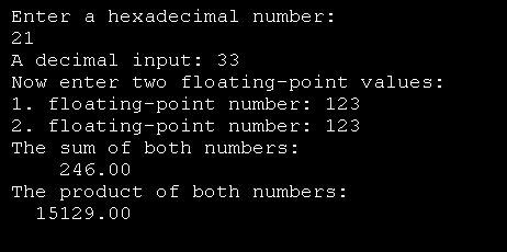 Enter hexadecimal digits and a floating-point number