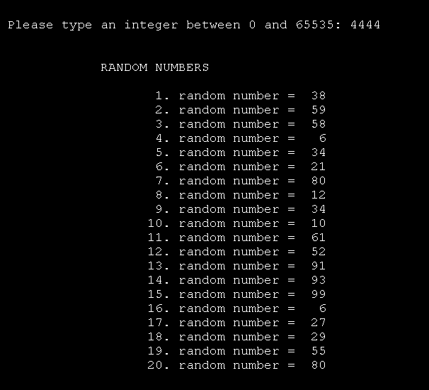 Outputs 20 random numbers from 1 to 100.