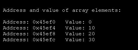 Outputs addresses and values of array elements.