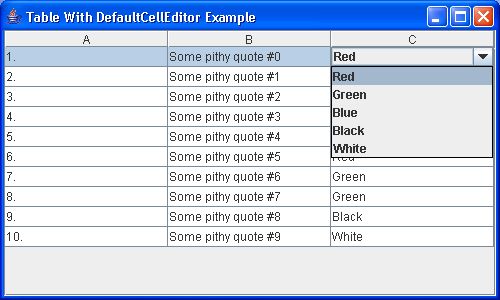 A table that allows the user to pick a color from a pulldown list