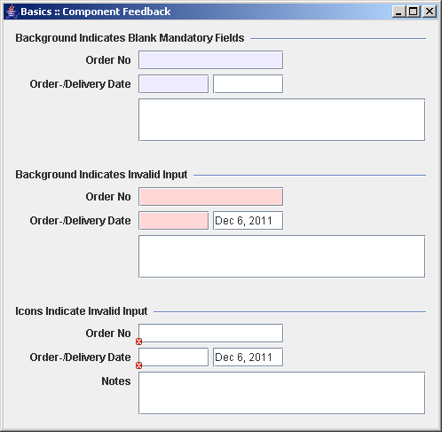 Different styles how to indicate that a component
 contains invalid data