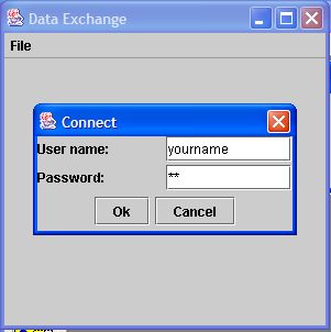 A frame with a menu whose File->Connect action shows a password dialog