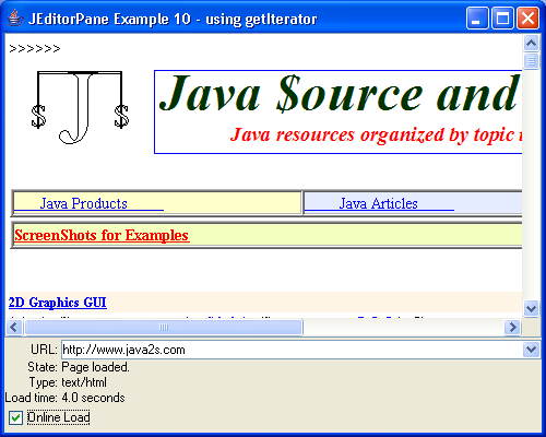 JEditorPane Example 10 - using getIterator