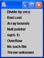 A frame with a panel for testing various exceptions