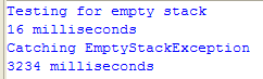 Pop an empty stack ntry times and catch the resulting exception