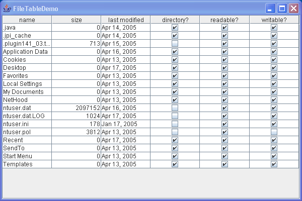 File data Table: file name, size, type 