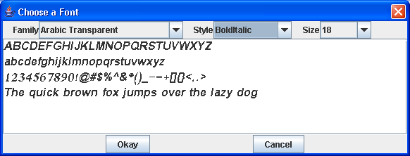 A dialog allow selection and a font and its associated info.