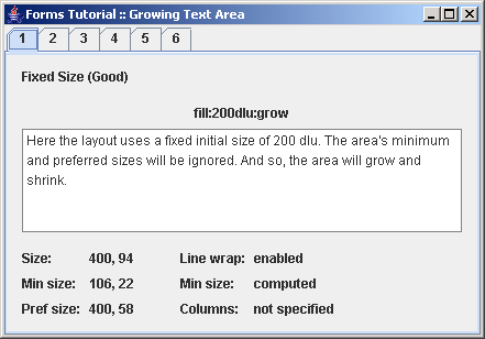 Demonstrates how a JTextArea's preferred size grows with the container
 if no columns and rows are set