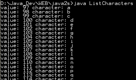 Demonstrates for loop by listing all the lowercase ASCII letters.