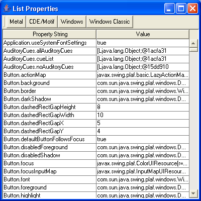 List UI Properties in a JTable and sortable