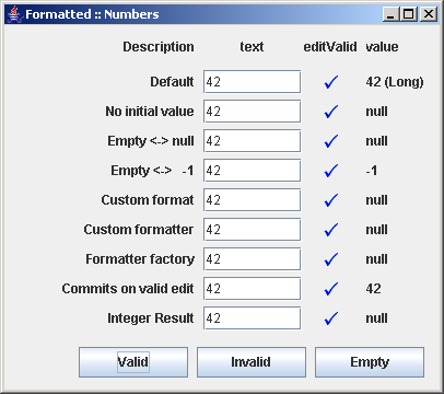 different configurations of JFormattedTextField: Number