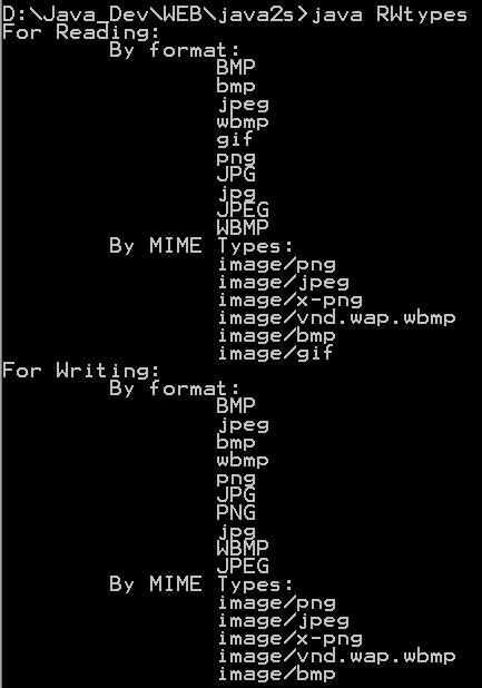 Display available ImageReaders and ImageWriters by image format and MIME type