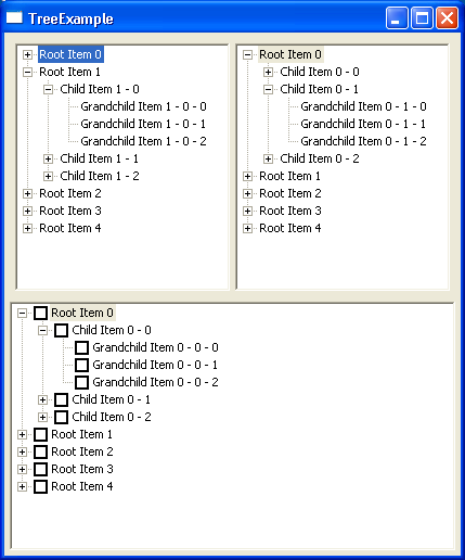 Displays a single-selection tree, a multi-selection tree, and a checkbox tree