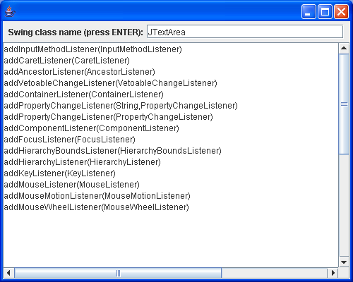 Display the addXXXListener methods of any Swing class