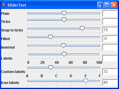 A frame with many sliders and a text field to show slider values