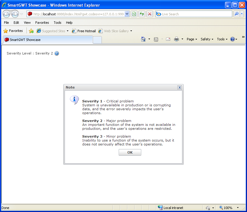 Click on the help icon to see a description for severity levels (Smart GWT)