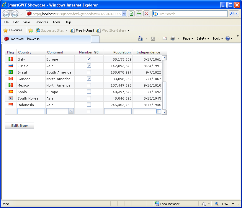 Grid Enter New Row Sample (Smart GWT)