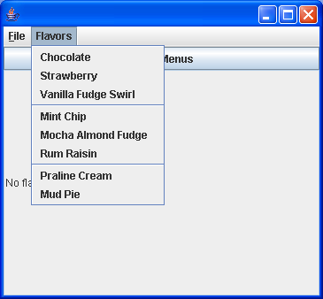 Submenus, checkbox menu items, swapping menus,mnemonics (shortcuts) and action commands