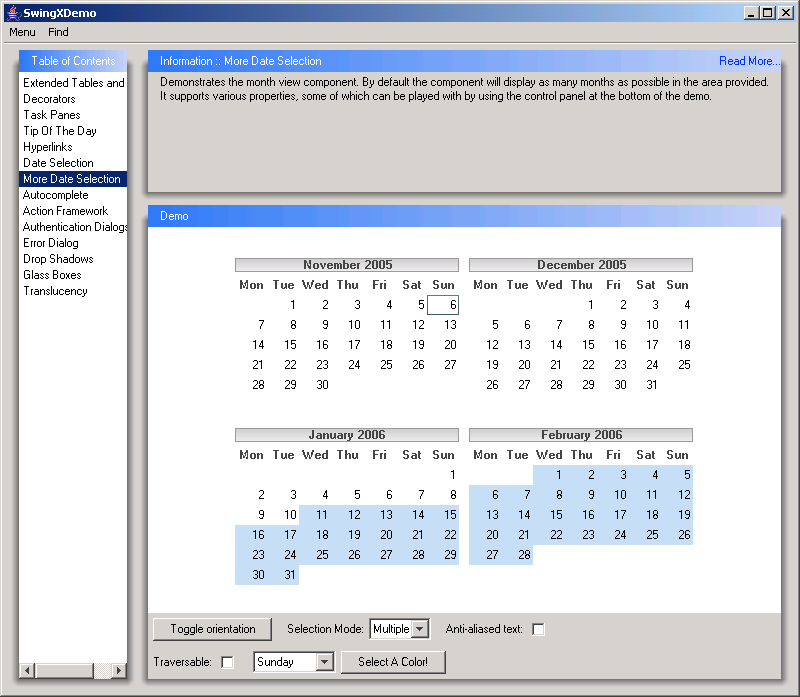 Swing Date selector (Chooser): darg to choose multiple dates