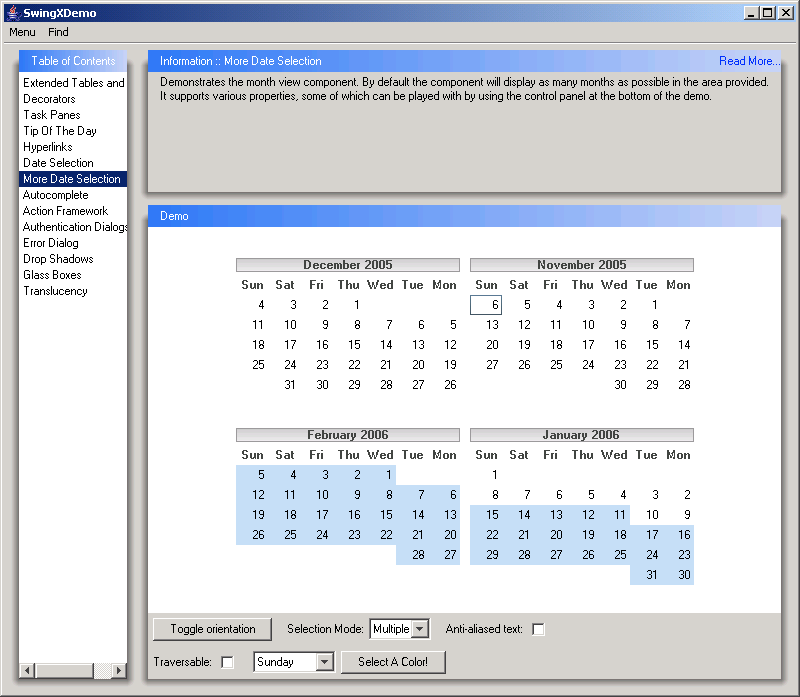 Swing Date selector (Chooser): toggle selection