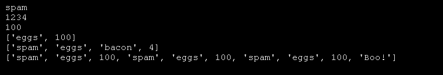 List indices start at 0, and lists can be sliced, concatenated: