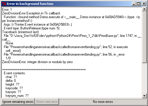 Pmw error handling: an error in a callback called from an event binding.