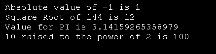 Math class: Square root, absolute value, Pi and Power