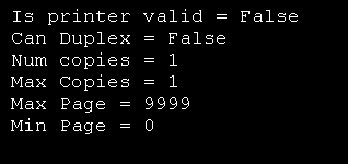 Printer setting: is print valide, can duplex, Num, Max, Min copies and support color