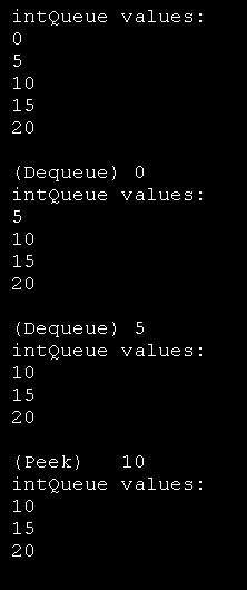 Queue Demo: enqueue, dequeue and peek