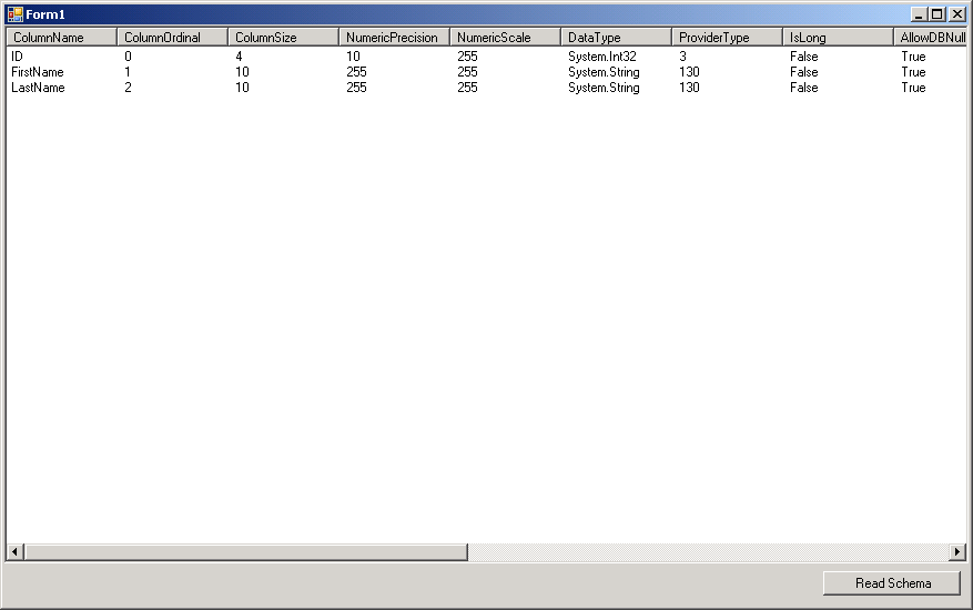 Use OleDb to get the data table schema