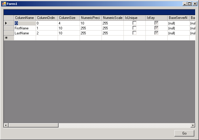 Use datagrid to display table schema