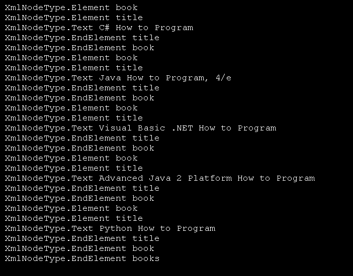 XmlTextReader: XmlNodeType Element, Text and EndElement 