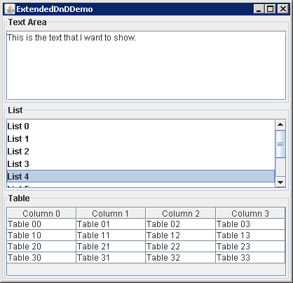 Dragging and dropping text between a text area, a list, and a table