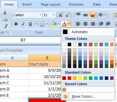 And the new color is added to the Recent Colors section of all workbook color menus.