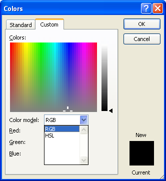 Click the Color Mode list arrow, and then click RGB or HSL.