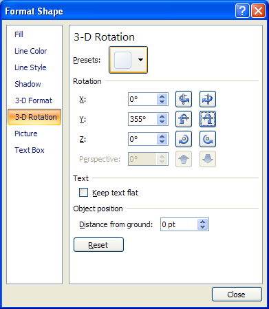 Select the rotation x and y, rotation z, rotation perspective, text and object position options