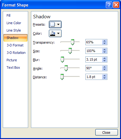 Select a shadow, a color, transparency, size, blur, angle, and distance options