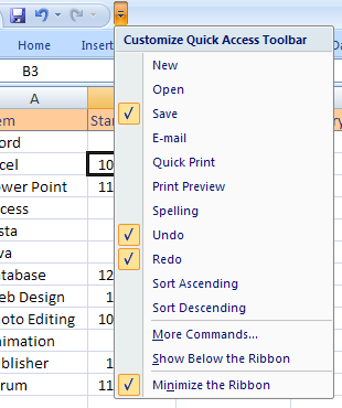 Click the Customize Quick Access Toolbar list arrow, checked item appears on the toolbar