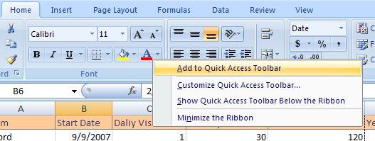 Right-click the button or group name. Then click Add to Quick Access Toolbar.