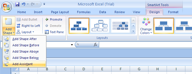 Select Add Assistant to inserts a shape above, but it's displayed at the same level in the Text pane.