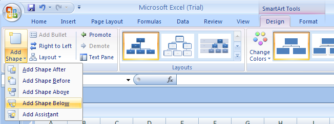 Select Add Shape Above or Add Shape Below to insert a shape one level above or below.