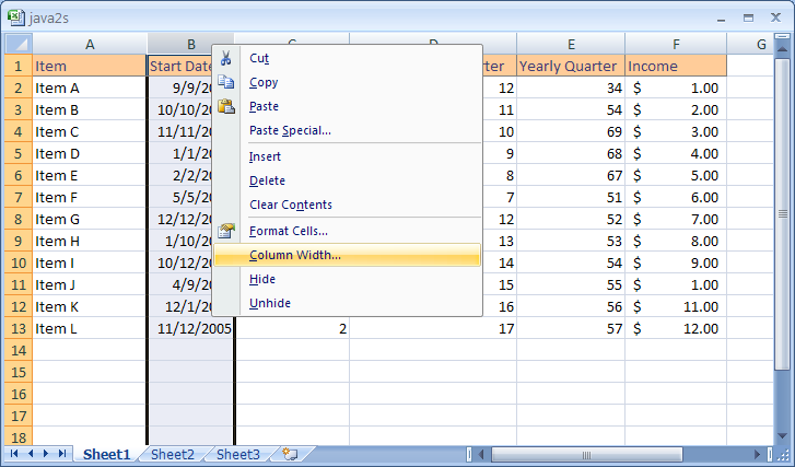 Or Right-click the selected column(s) or row(s), and then click Column Width or Row Height.