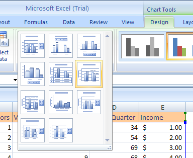 Click the More list arrow in the Chart Layouts group. Click the chart layout.