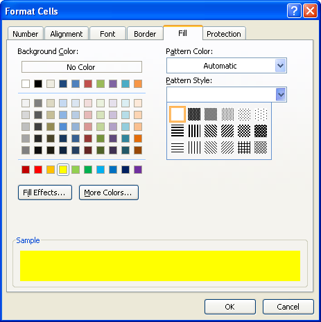 Click the Fill tab. Click the Pattern Color list arrow and then click a pattern color. Click the Pattern Style list arrow and then click a pattern. Click OK.