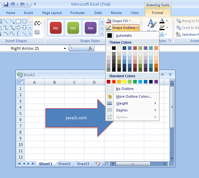 Select the shape. Click the Format tab under Drawing Tools. Click the Shape Outline button. Select the outline color.