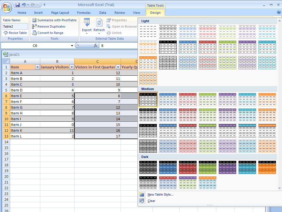 Excel Apply a Quick Style to a Table
