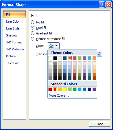 Click the Color button. Then select the fill color you want.